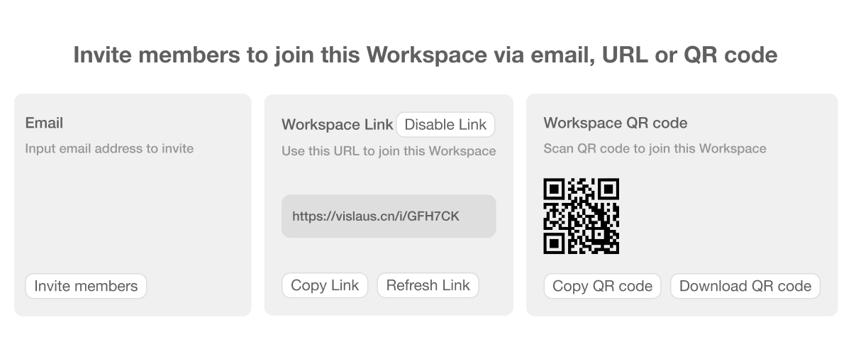 Visla's workspace invite options including email, URL, and QR code for member onboarding